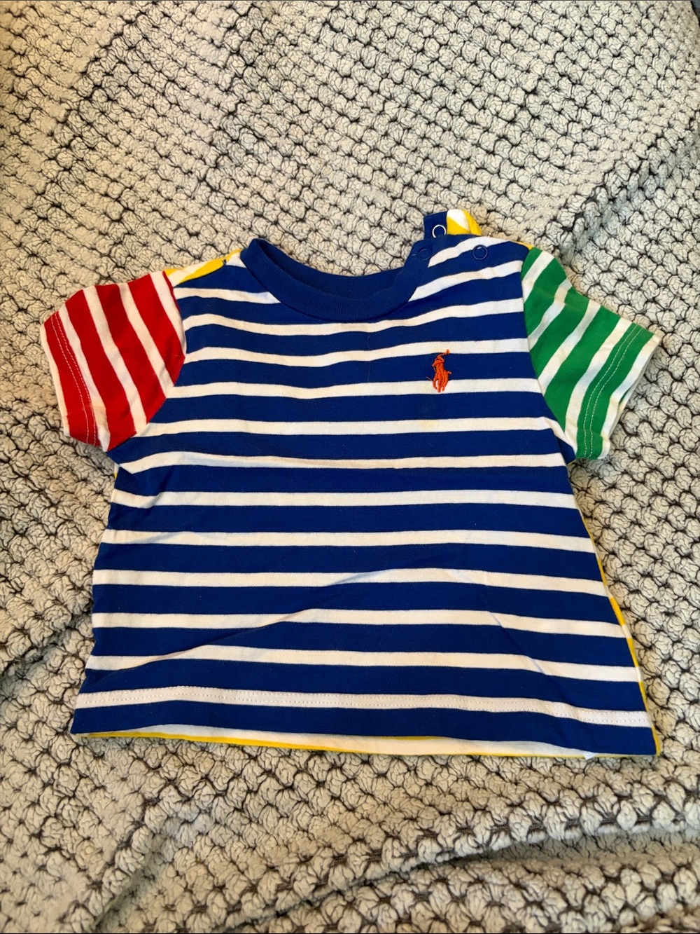 Ralph Lauren Blue & White Striped Tee with Red and Green Sleeves